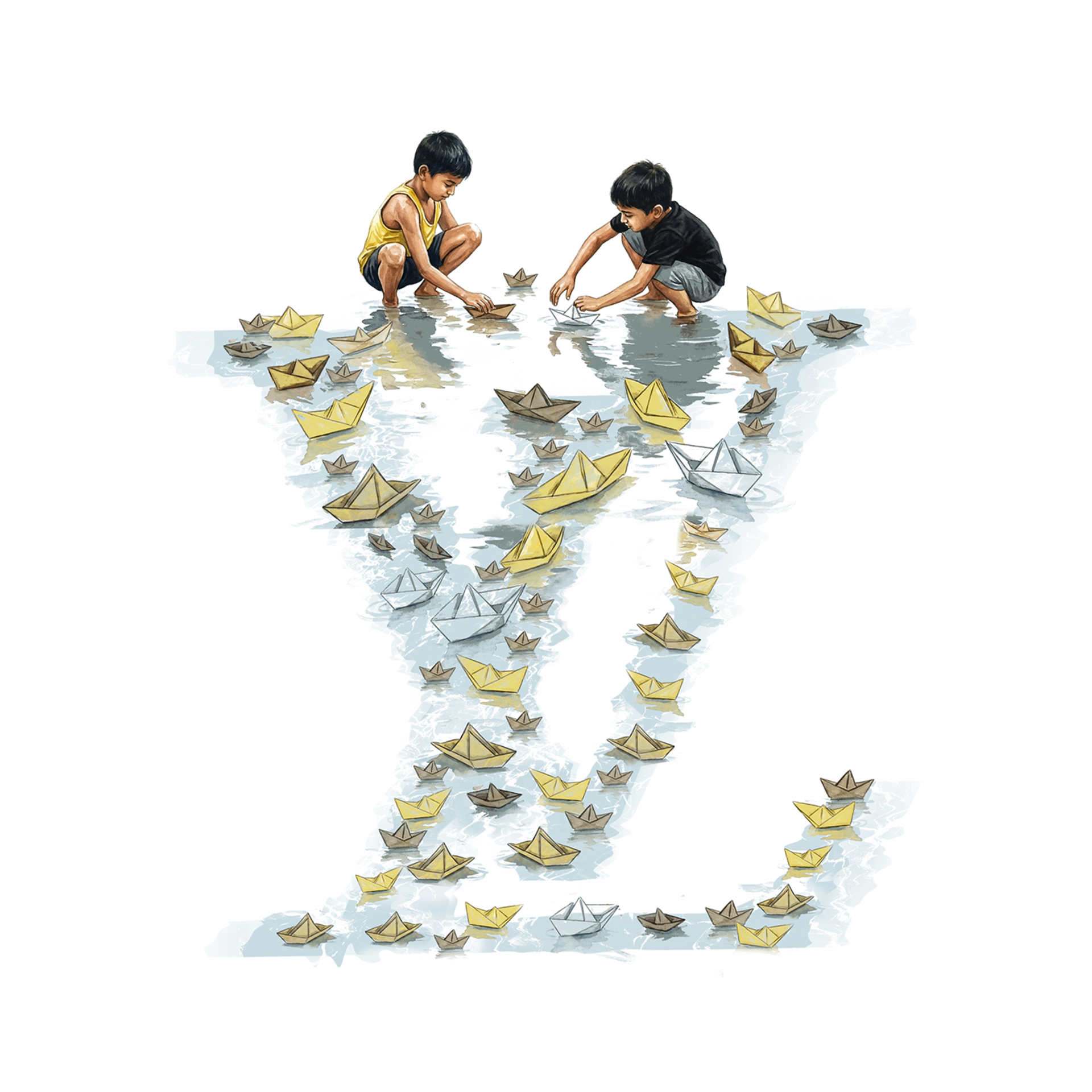Concept outcome shaped with paper boats and two children on a white canvas